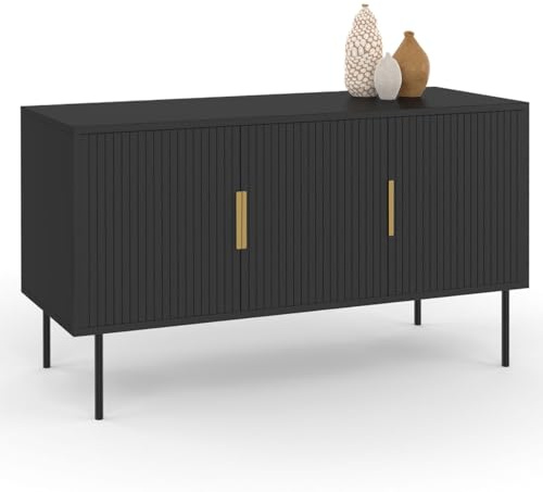 IDMarket Marcel - Aparador (110 cm, 3 puertas, listones de madera, color negro