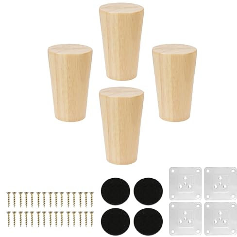 KINDPMA 4 Piezas 8cm Patas para Muebles Madera Roble Cónicas Patas de Mesa de Madera Patas para Sofas con Tornillos y Placa de Montaje para Cama,Sillón,Gabinete de TV, Armario