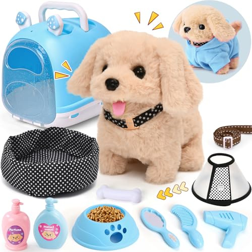 Cleboen 14pcs Robot Dog Toys for Kids Girls Boys 3-6, Realistic Electronic Interactive Plush Toy Dog with Walk & Bark, Pretend Play Puppy Pet Care Playset, 3 4 5 6 Year Old Girl Birthday Gift Ideas