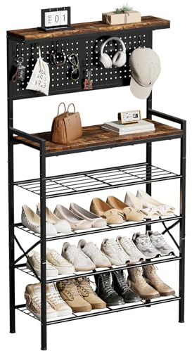 UNITSTAGE Tall Shoe Rack, 6-Tier Wooden Shoe Storage with Hole Panel, 7 Hooks, for 16-20 Pairs, Wooden Top Shelf, Sturdy, Industrial, Entryway Organizer, Closet Hallway Bedroom Dorm, Rustic Brown