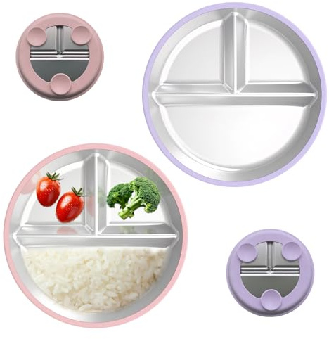 Pmueuff Paquete de 2 Platos de Acero Inoxidable para Bebé, Set de Alimentación para Bebé Antideslizante, Utensilios para Bebés, Platos Divididos para Alimentación Autónoma, Sin BPA