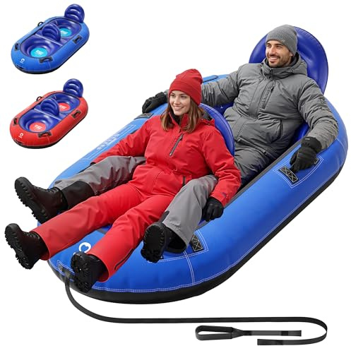QPAU 2-Person Inflatable Snow Tube with Dual Backrests & Tow Rope, Heavy Duty Canvas-Covered Blow Up Snow Sled with Handles, Fast Inflation Air Valves, Premium Snow Tubes for Kids & Adults (Blue)