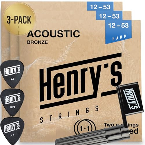 3-Pack PowerTone Acoustic Guitar Strings - Deep & Rich Sound - Extra 3xE1 String & 3x Picks & String Winder - 3xAcoustic Guitar 6 Strings Set 12-53