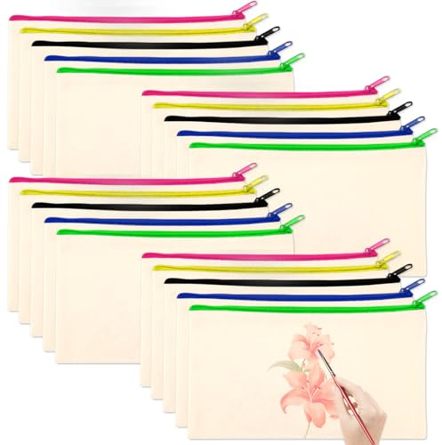 Zorplex 20 Pcs Trousses en Toile Vierge avec Fermeture Éclair, 21 x 12 cm Pochettes Tissu Zippée Multifonctionnel Personnalisables pour DIY, Maquillage, Voyage, École et Bureau, Beige avec Zip Coloré