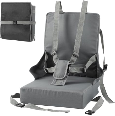 Vkechh Sitzerhöhung Stuhl Kind, Verstellbarer Kinderstuhl mit 5-Punkt Gurt, Tragbares Sitzkissen Kinder Stuhl, Rutschfeste Baby Sitzerhöhung inklusive Storage Bag, Grau
