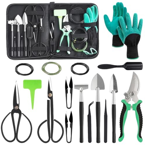 Set di attrezzi per bonsai, set da 24 pezzi, strumenti per la cura dei bonsai, attrezzi da giardino con forbici per bonsai, pinzette, guanti da giardinaggio, pala, strumenti per bonsai principianti