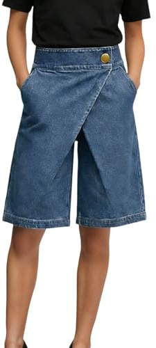 Générique Femme Short Bermuda Asymétrique en Jean Taille Haute Taille Ample Shorts Jeans à Jambes Larges pour L’été