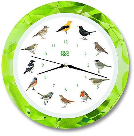 KOOKOO Singvögel Quarzwerk Leaf, Die Singende Vogeluhr, runde Wanduhr mit natürlichen Vogelstimmen