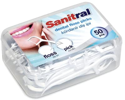 Sanitral Dental Floss Sticks, Strong Non-Shred Floss, 2 in 1 Advance Cleaning Toothpick in Clear Box Perfect for Family,Hotel,Travel (50 pcs)