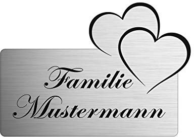 Namensschild personalisiert mit Gravur - Briefkastenschild in 4 Motiven erhältlich - Klingelschild in Edelstahl Optik - Geschenkidee für Frauen & Männer - Türschild ist selbstklebend - Herz