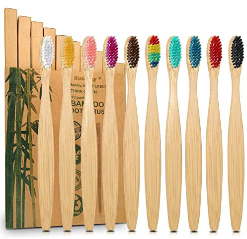 10 Color Bamboo Toothbrushes Multipack | Soft Bristles Wooden Toothbrush for Adult | Premium BPA Free Vegan Eco-Friendly, Plastic-Free, Biodegradable & Compostable Charcoal Manual Toothbrush