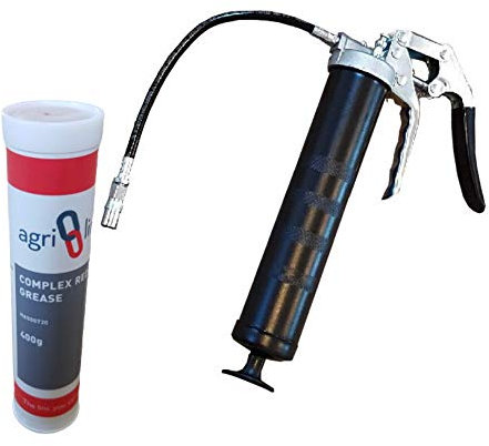 Pistol Grip Grease Gun and 1 Red Grease Cartridge Bundle Offer, Professional Pistol Grease Gun with Flexible Hose and Coupler, EP2 Red Complex Grease, 400g/14oz Cartridge, by Agri-Linc
