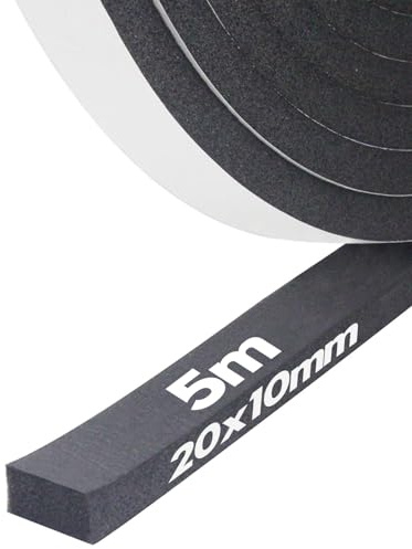Skumisoleringstejp, självhäftande skumremsa, 20 (B) x 10 mm (T) x 5 m (L), väderskalning för dörrar och fönster, tätar drag, dörrljudisolering, stötsäker, möbelskyddande
