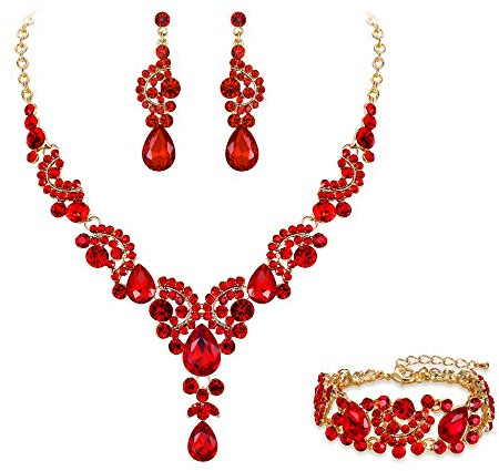 Ever Faith Wedding Jewellery Set for Women, Sparkly Rhinestone Crystal Vintage Floral Teardrop Brides Bridal Necklace Earrings Bracelet Sets Prom Party Costume Jewelry 3 Pcs Red Gold-Tone