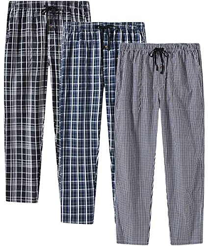 MoFiz Mäns pyjamasbyxor bomull långa pyjamasbyxor fritidsbyxor rutiga loungewear nattkläder med sidofickor, 3-pack B, S