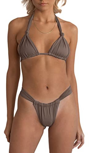 Damen Zweiteiliger Badeanzug mit Knoten, gerüscht, sexy Bademode, Neckholder, String, Triangel-Bikini-Sets, Coffee, Small