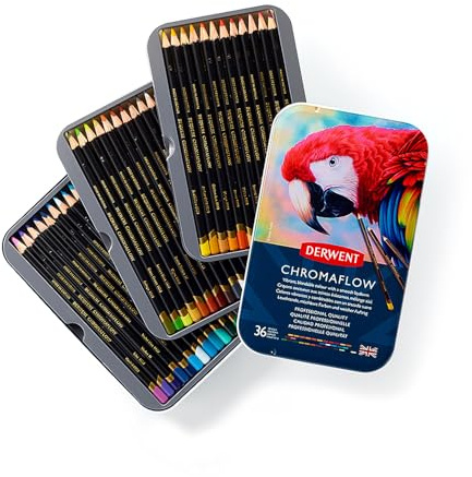Derwent Chromaflow Buntstifte im 36er Set in Metallbox, 3,5 mm Minenstärke, Mischbar mit Geschmeidiger Textur, Ideal zum Zeichnen, Ausmalen und Layering, Professionelle Qualität, 2306012