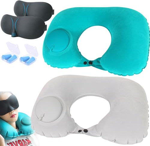 XUBX 2er-Set Reisekissen Aufblasbares mit Schlafaugenmaske und Ohrstöpseln, Nackenhörnchen, Nackenkissen Ergonomisch Reise Aufblasbar Ultraleicht Ideal für Reise Büro und Haus