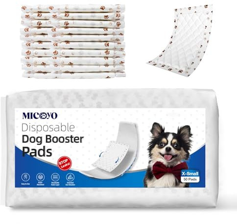 MICOOYO Disposable Dog Diaper Liners, Booster Pads for Male Female Dogs, Super Absorbent Period Dog Inserts Pads Fit Most Dog Nappies (without Leakproof Protection) (XS-50)