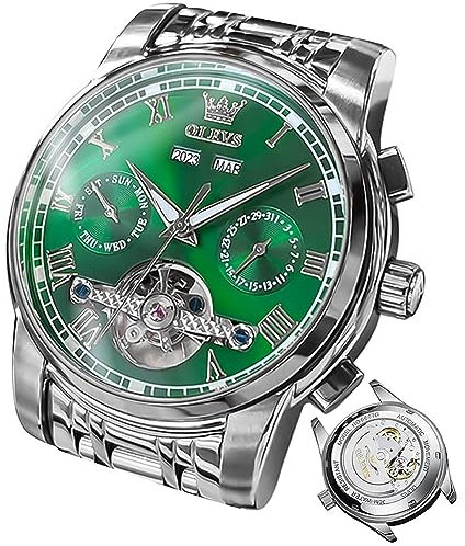 OLEVS Herrenuhren Automatik Silber Grün Mechanische Armbanduhr mit Tourbillon Kalender Wasserdicht Leuchtende Uhren Männer