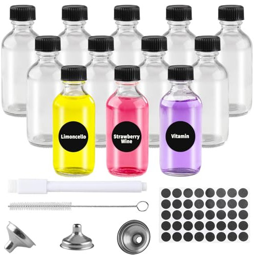 Mini Bouteille Verre, Mezzar Ensemble de 12 Petite Bouteille en Verre 60ml avec Entonnoir de Versement Pour Huiles Essentielles, Shots de Gingembre et Plus Vaourt à Boire