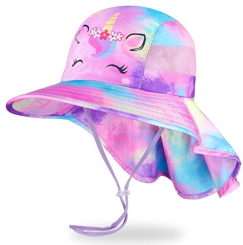 MHJY Kids Sun Hat Girls UV Protection Summer Hats Adjustable Beach Cap Unicorn Bucket Hats with Wide Brim Neck Flap for Toddlers 2-9 Years