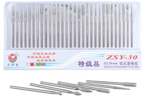 Mesee 30 Stück 2,35mm Schaft Diamant Frässtifte Schleifbohrer, Frässtifte Drehfräser Diamantbohrer-Set, Diamant Schleifstifte, Fräser-Raspel-Set für Glas Edelstein Zum Schleifen Polieren Gravieren