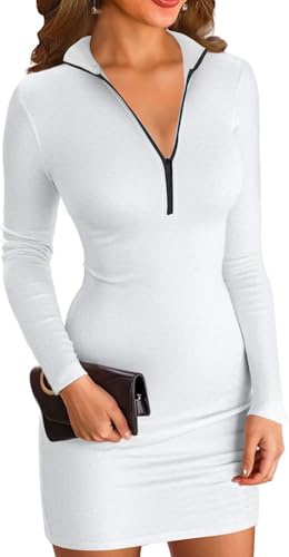 ELFIN Robe Moulante pour Femme Manches Longues côtelées Fermeture éclair Col Montant Courte Robe de Sport Automne Décontractée Blanc., L