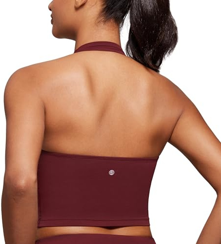 CRZ YOGA Butterluxe Halter Crop Linnen | Lätt stöd, Avtagbara vadderingar, Yoga, Extremt mjuk, Öppen rygg, Långa sport-BH:ar för kvinnor