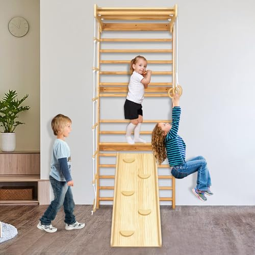 UISEBRT Espaldera para escalar de madera, para interiores y adultos, dispositivo deportivo para el hogar con barra, anillos de gimnasia, tobogán y escalera de cuerda, soporta hasta 100 kg
