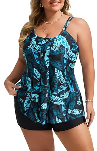 Hanna Nikole Ensembles Tankini Grande Taille pour Femmes Maillots de Bain Deux Pièces Hauts Tankini Fluides et Shorts de Bain à Taille Haute Contrôle du Ventre Maillots de Bain Costume de Bain Modeste