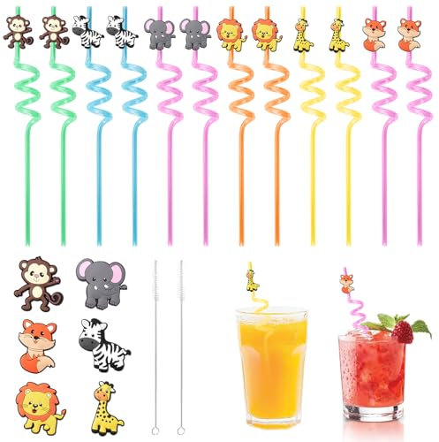 12 Piezas Pajitas de Animales de La Selva, Dibujos Animados, Rizadas de Colores, Cañitas Reutilizables - Accesorio para Fiestas