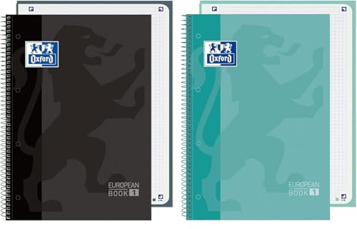 Oxford, Cuadernos A4, Pack 2 Libretas A4 Microperforadas Europeanbook 1, Tapa Extradura, Espiral, Cuadrícula 5x5, Color Ice Mint y Negro