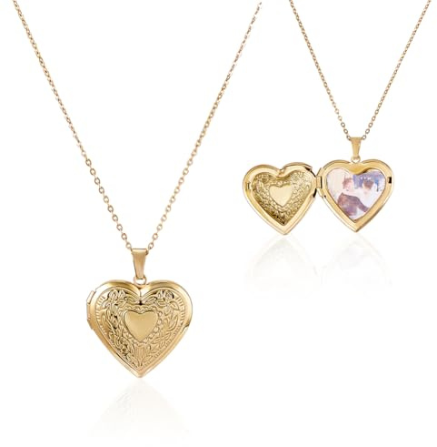 DICOSMETIC Lot de 2 colliers médaillon en forme de cœur de 48 cm - En acier inoxydable - Pour photos dorées - Pendentif - Pour femme - Cadeaux