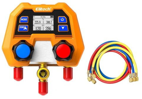 Elitech Manometre Climatisation Digital DMG-2SE avec Tuyaux, 88 Réfrigérants R32, Manomètre Frigorifique Mesure Pression 600 PSI, IP54 pour Auto Systèmes CVC
