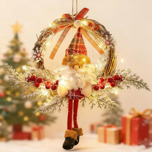 Ghirlanda natalizia per porta di casa, 35 cm, ghirlanda di Natale a LED, Babbo Natale, in rattan, decorazione natalizia, per porta di casa, esterni, finestre, decorazione da parete