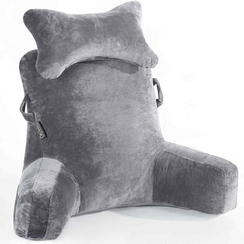 SLIGUY Coussin de Lecture Extra Large de 31IN Coussin de Repos avec Rouleau de Cou Amovible et Accoudoirs pour S'asseoir dans Le lit ou Le Dossier du Canapé Coussin de Lecture pour Lire, Gris foncé