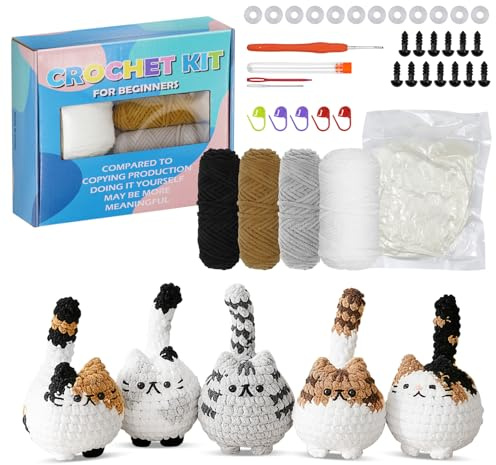 Doksvp Kit Uncinetto Principianti, Kit Adulti Imparare Uncinetto, Set Uncinetto Animali con Filato e Accessori, Guida Passo Dopo Passo, 5 Gattini Fatti a Mano