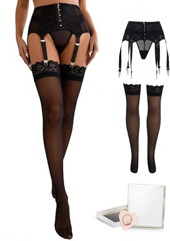 comeondear Reggicalze Donna Hot Curvy Taglie Forti Vita Alta con 6 Clips Regolabile Reggicalze Sexy Pizzo con Perizoma con Calze Giarrettiera Trasparente 2-Nero Garter+Calze+Box,XL-XXL