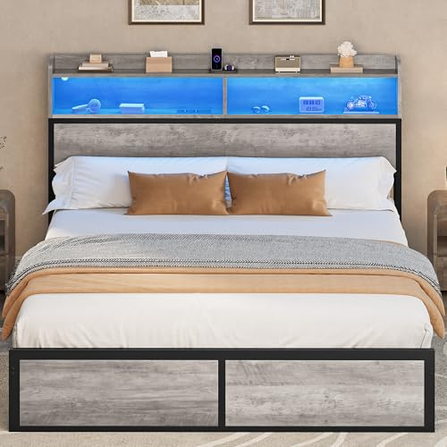 YITAHOME Cadre de lit LED avec tête de lit, Ports USB et Sorties de Charge, Cadre de lit en métal avec 2 étagères, Pas de Matelas nécessaire, Marron, 200 x 180 cm