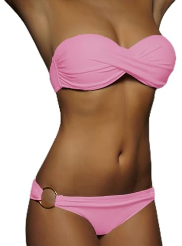 Maillot De Bain Femme - Bandeau Bikini Femme 2 Pieces Push Up Dos Nu Swimsuit Women Sexy Taille Basse avec Anneau Ensemble Swimwear Couverture Partielle Beachwear Séchage Rapide Bathing Suit