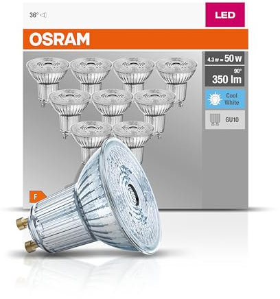 Osram LED Base PAR16 Reflektorlampe, mit GU10-Sockel, nicht dimmbar, Ersetzt 50 Watt, 36° Ausstrahlungswinkel, Kaltweiß - Kelvin, 10er-Pack