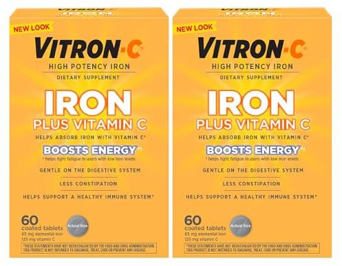 Vitron-C Iron Supplement, Once Daily, High Potency Iron Plus Vitamin C, Support Red Blood Cell Production, Dye Free Tablets, 60 Count, 2 Pack