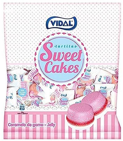 Vidal Golosinas Sweet Cakes. Caramelos de goma en forma de tartitas con delicioso sabor a fresa nata. Envuelta individual. Bolsa 200 unidades