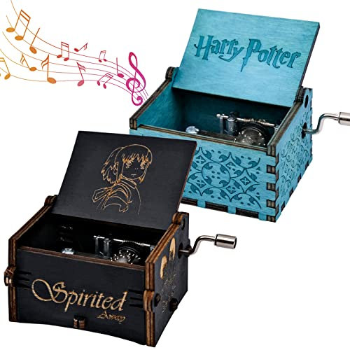 BLLREMIPSUR 2pcs Wooden Music Box Hand Cranked Music Box Harry Potter Mini Music Box Antique Carved Wooden Musical Box Best Gift For Teens Adults