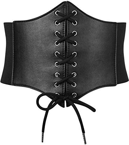SUOSDEY Schwarz Korsett Gürtel für Frauen - Vintage Lace-up Elastische Taille, Tied Waspie Breiter Gürtel für Halloween-Kostüm,schwarz