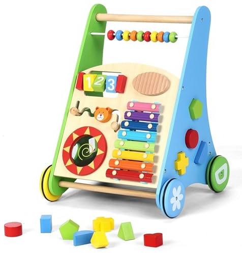 COIL 3-in-1 Holzpuppenwagen Lernspielzeug Musikwagen, laufwagen - Laufhilfe Labyrinth Formensortierer 12 Monate - Lauflernhilfe Lauflernwagen Holz Lauflernhilfe Walker