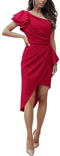 BTFBM One Shoulder Cocktail Dresses for Women 2026 Elegant Summer Ruffle Sleeve Wrap Ruched Formal Wedding Guest Dress(Red, Large)