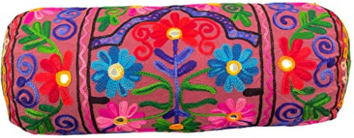 Original Kikan Nackenrolle, Baumwolle, Boho-Kissenbezug, 46 x 18 cm, rund, zylinderförmig, für Yoga, Meditation, bestickt, für Rücken- und Nacken, vegan (nur Bezüge) (Maroon)