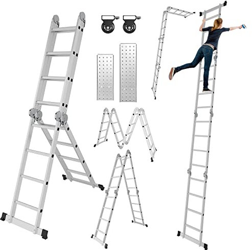 Izrielar Escalera multifunción de aluminio, 5,8 m, 7 en 1, 4 x 5 peldaños, con 2 placas de andamio y 2 ruedas, hasta 150 kg, color plateado